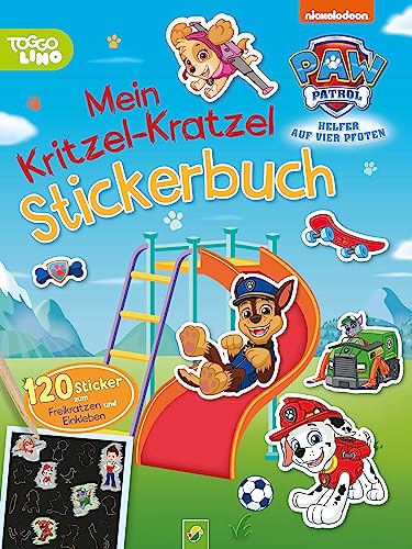 PAW Patrol Mein Kritzel-Kratzel Stickerbuch mit Bambus-Stick: 120 Sticker zum Freikratzen und Einkleben für Kinder ab 4 Jahren von Schwager & Steinlein Verlag GmbH